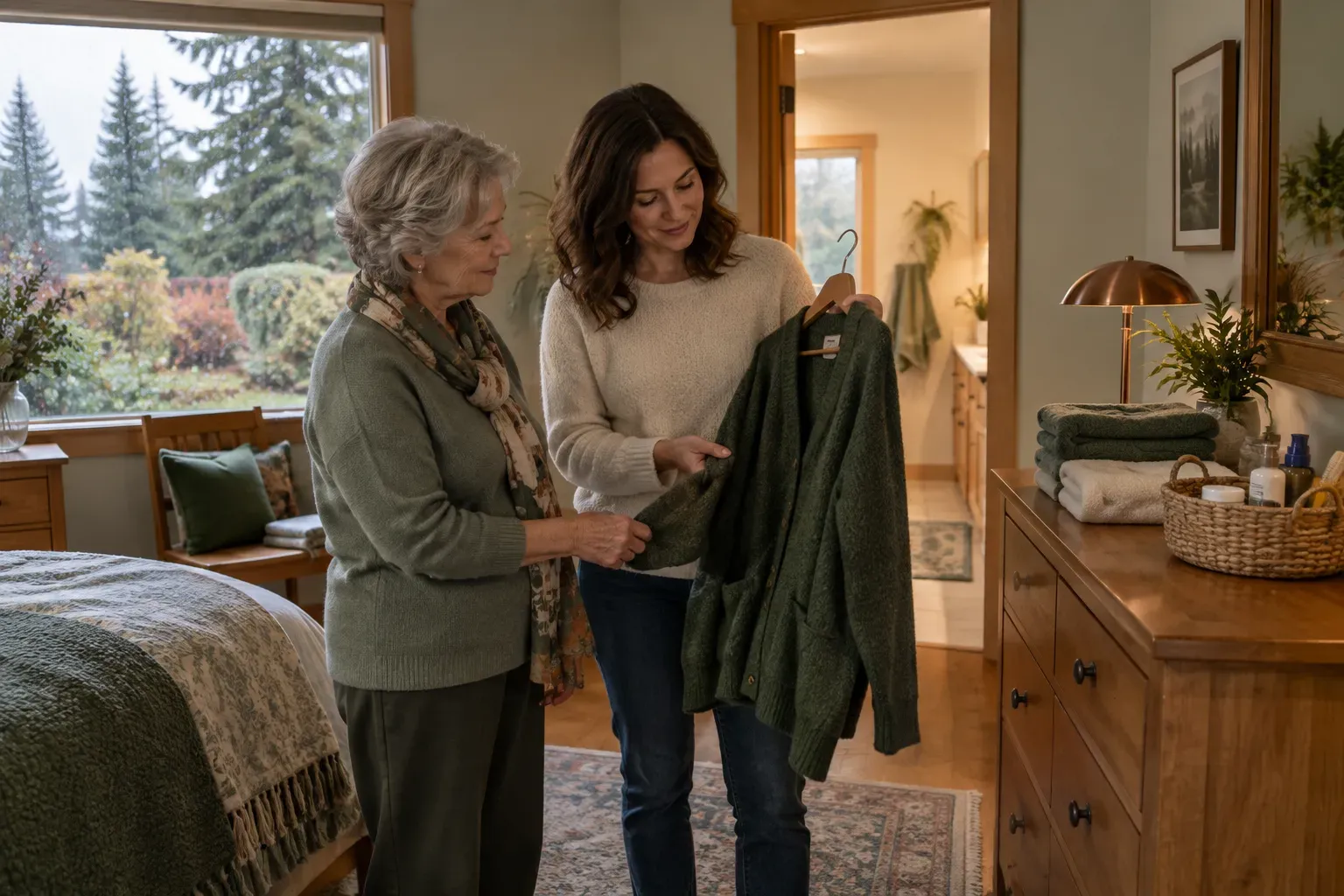 An older woman and a younger woman examine a green cardigan on a hanger in a bedroom. Folded towels and toiletries sit on a wooden dresser beside an open doorway to a bathroom.