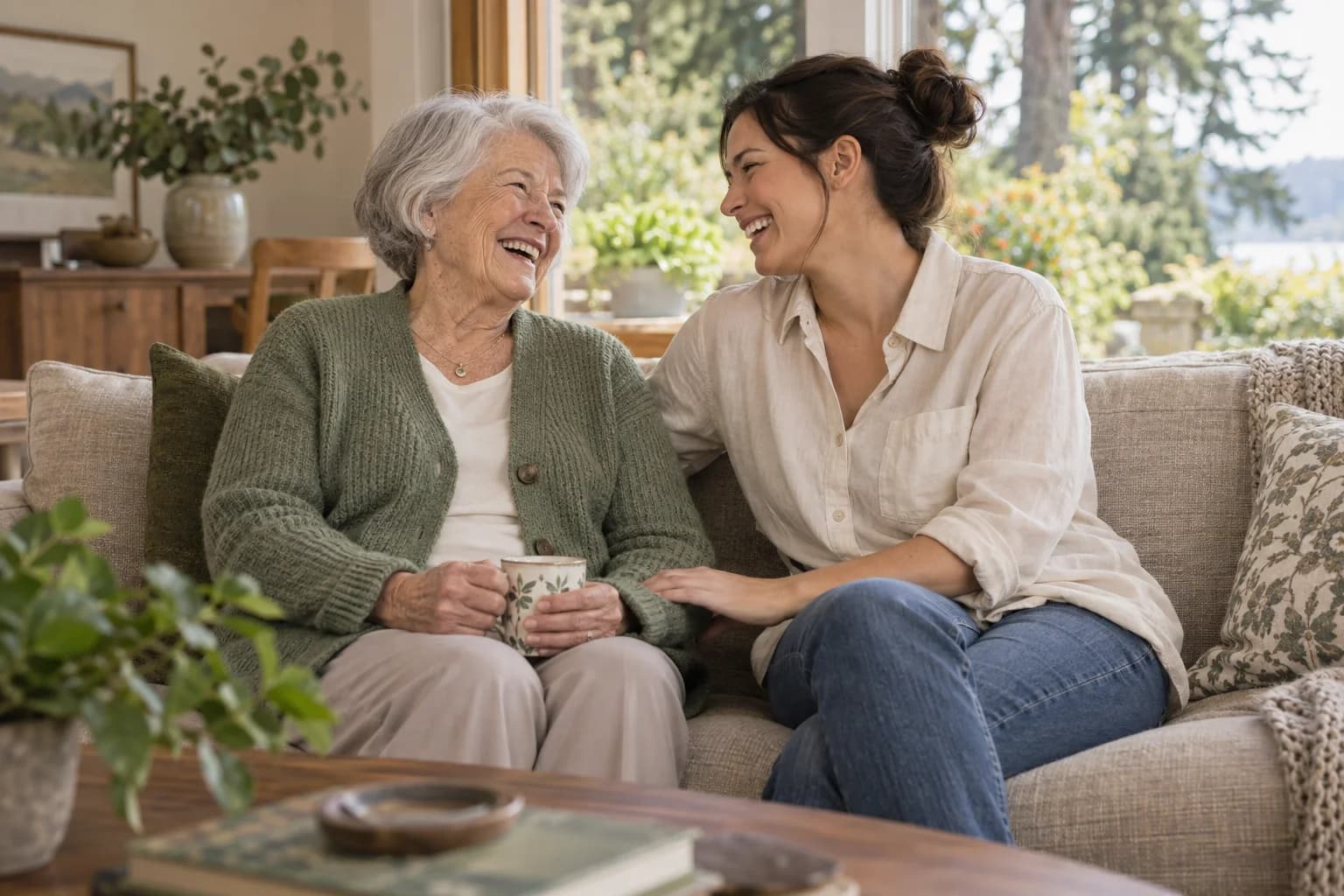 Illustrative scene of an older adult and a caregiver sharing a relaxed moment at home